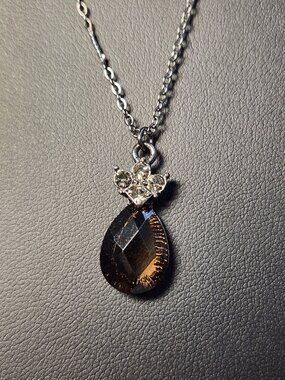 VTG Vintage Antique Style Smoky Crystal Teardrop Necklace 16" W/ extender